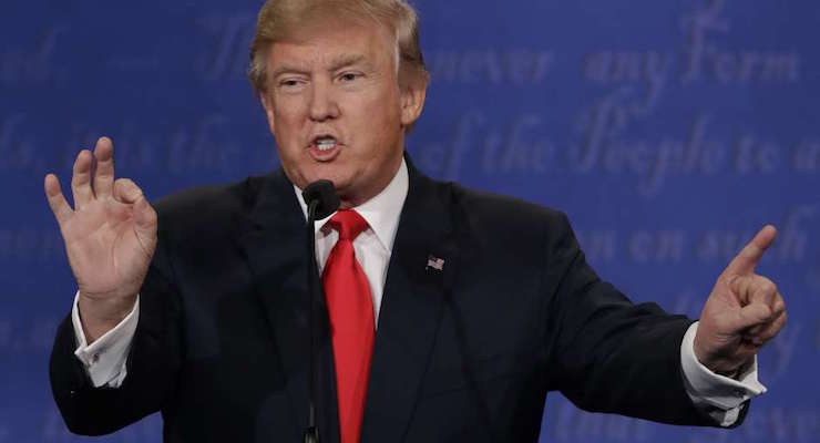 Republican presidential nominee Donald Trump speaks during the third presidential debate with Democratic presidential nominee Hillary Clinton at UNLV in Las Vegas, Wednesday, Oct. 19, 2016. (AP Photo/David Goldman)