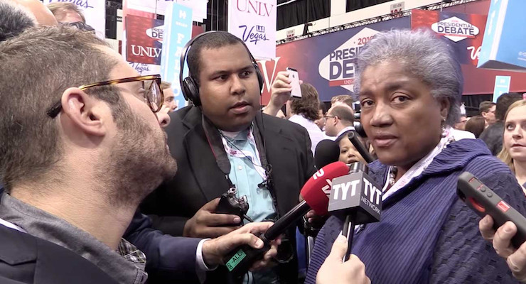 DNC chair Donna Brazile fends off reporters at the third and final presidential debate in Las Vegas, Nevada on Wednesday, October 19, 2016.