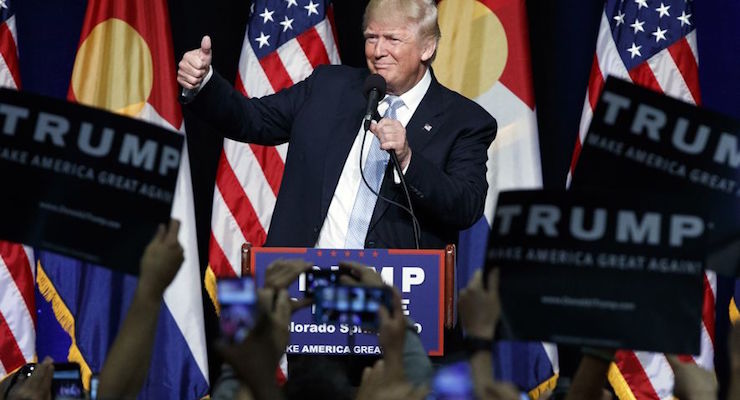 Republican presidential candidate Donald Trump gives a thumbs up as he speaks during a campaign rally, Friday, July 29, 2016, in Colorado Springs, Colo. (Photo: AP/Evan Vucci)