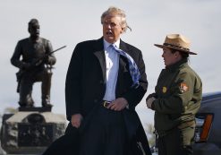 Interpretive park ranger Caitlin Kostic, right, gives a tour near the high-water mark of the Confederacy at Gettysburg National Military Park to Republican presidential candidate Donald Trump, Saturday, Oct. 22, 2016, in Gettysburg, Pa. (AP Photo/ Evan Vucci)