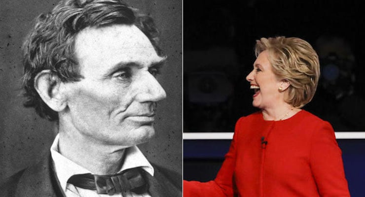 Democratic presidential candidate Hillary Clinton, left, and Abraham Lincoln, left, the 16th president of the United States.
