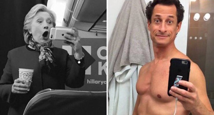 Democratic presidential candidate Hillary Clinton, left, and disgraced former Democratic congressman Anthony Weiner, right, the husband of close, Clinton inner-circle aide Huma Abedin.