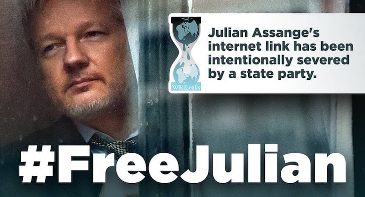 Julian Assange, the founder of WikiLeaks, has been the target of Democratic Party attacks and the Ecuador government who cut his Internet connection after he began releasing hacked documents damaging to Hillary Clinton. The above image began circulating around social media and Internet.