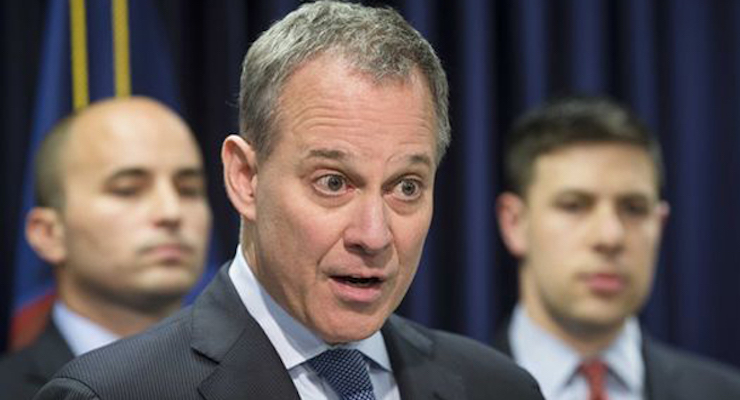 New York state's Attorney General Eric Schneiderman speaks during a news conference to announce his office is filing a securities fraud lawsuit against the banking and financial services firm Barclays, Wednesday, June 25, 2014, in New York. The suit alleges that Barclays told investors that it had set up safeguards to protect them from predatory high-frequency traders. But it says Barclays actually catered to those traders. (Photo: AP/John Minchillo)