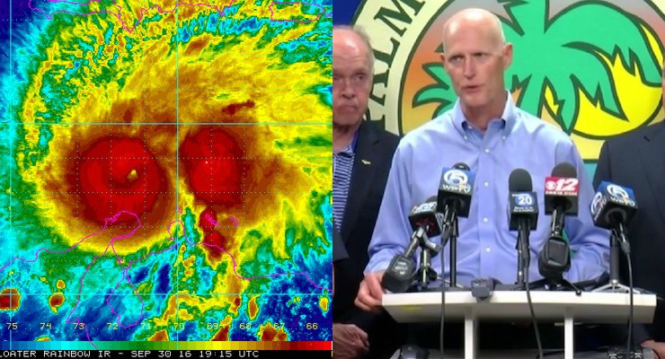 Florida Gov. Rick Scott, left, declared a State of Emergency ahead of Hurricane Matthew, right, which was followed by President Barack Obama. (Photos: AP/National Hurricane Center [NHC])