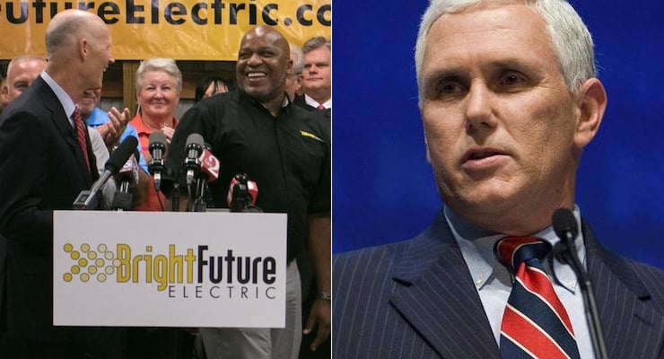 Gov. Rick Scott at Bright Future Electric in Ocoee on June 11, 2015, and Indiana Gov. Mike Pence, right, the 2016 Republican vice presidential nominee. (Photos: Carolyn Allen/AP)