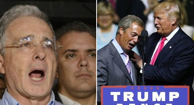 Former Colombian President Alvaro Uribe, left, said the deal offered rebels who had committed crimes "impunity." Donald Trump greets Nigel Farage, right, during a campaign rally in Mississippi. (Photo: AP)