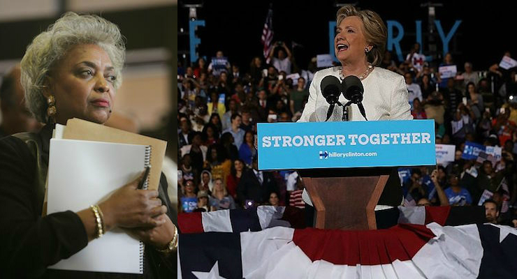 Broward County Florida Supervisor of Elections Brenda Snipes, left, and Democratic presidential nominee former Secretary of State Hillary Clinton during a campaign rally at Rev Samuel Deleove Memorial Park on November 1, 2016 in Ft Lauderdale, Florida.