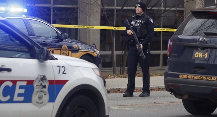 An officer blocks the scene as police respond to reports of an active shooter on campus at Ohio State University on Monday, Nov. 28, 2016, in Columbus, Ohio. (Photo: AP)