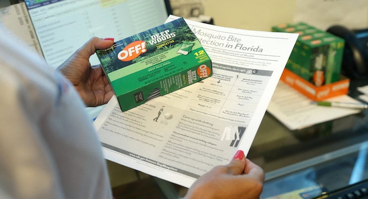 Nurse practitioner Juliana Duque holds a box of insect repellent and information on mosquito protection that she gives her pregnant patients at the Borinquen Medical Center, Tuesday, Aug. 2, 2016 in Miami. The CDC has advised pregnant women to avoid travel to the nearby neighborhood of Wynwood where mosquitoes are apparently transmitting Zika directly to humans. (Photo: AP)