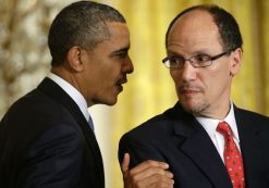 President Barack Obama talks with his nominee for Labor Secretary, Thomas E. Perez, during a announcement, Monday, March 18, 2013, in the East Room of the White House in Washington. (Photo: AP/Associated Press)