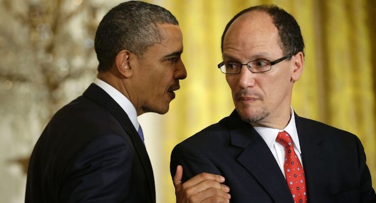 President Barack Obama talks with his nominee for Labor Secretary, Thomas E. Perez, during a announcement, Monday, March 18, 2013, in the East Room of the White House in Washington. (Photo: AP/Associated Press)