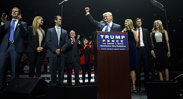 Republican presidential candidate Donald Trump pumps his fist as he arrives to speak during a campaign rally, Monday, Nov. 7, 2016, in Manchester, N.H. From back left are Eric Trump, Vanessa Trump, Donald Trump Jr., Republican vice presidential candidate Gov. Mike Pence, R-Ind., Karen Pence, Ivanka Trump, Jared Kushner, and Tiffany Trump. (Photo: AP)