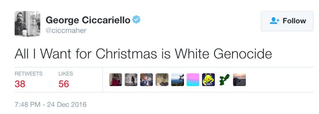 A tweet from the account of George Ciccariello-Maher, an associated professor of political science at Drexel University, called for 'White Genocide' as a Christmas wish.