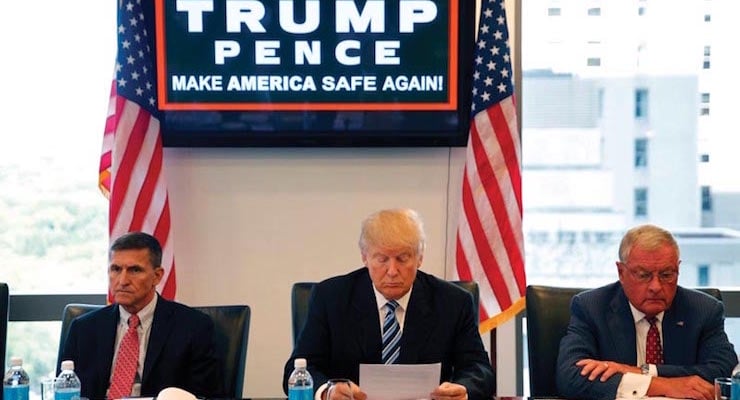 FILE - In this Aug. 17, 2016, file photo, then-Republican presidential candidate Donald Trump participates in a roundtable discussion on national security in his offices in Trump Tower in New York, with Ret. Army Gen. Mike Flynn, left, Ret. Army Lt. Gen. Keith Kellogg. Trump’s transition team is rich with lobbyists, a climate change-denier and an ex-federal prosecutor involved in the mass firings of U.S. attorneys. Kellogg has been working closely with Trump adviser Flynn, advising the Trump campaign on matters relating to foreign policy and national security. (Photo: AP, File)