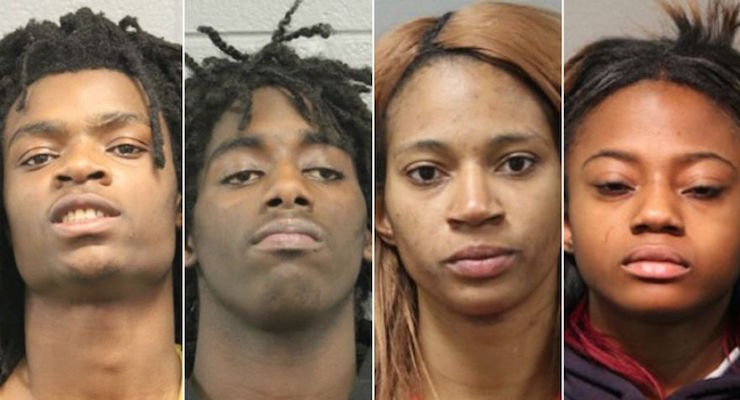 Tesfaye Cooper, left, Jordan Hill, Tanishia Covington and Brittany Covington were each charged with a hate crime. (CPD)