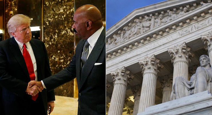 President-elect Donald J. Trump and Steve Harvey, left, shake hands after their meeting at Trump Tower in New York, U.S., January 13, 2017. The Supreme Court, right, is seen in Washington on Feb. 13, 2016. (Photo: Reuters/AP)