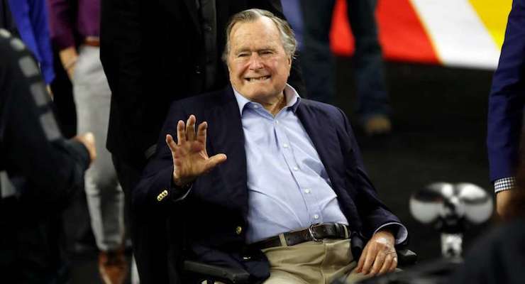In this April 2, 2016, file photo, former President George H. W. Bush waves as he arrives at NRG Stadium before the NCAA Final Four tournament college basketball semifinal game between Villanova and Oklahoma in Houston. Houston-area media are quoting former President George H.W. Bush's chief of staff as saying that Bush has been hospitalized in Houston. (Photo: AP)