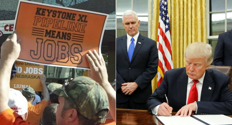 Union workers, left, gather to support the construction of the Keystone XL pipeline. U.S. President Donald Trump, right, signs his first executive orders at the White House. (Photo: Reuters)