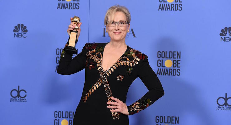 Meryl Streep poses with her lifetime achievement award backstage at the Golden Globe Awards in Beverly Hills on Sunday, Jan. 8, 2017. (Photo: AP)