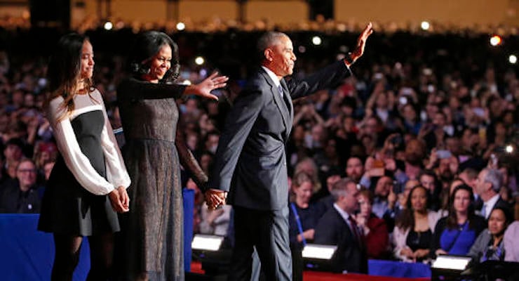 President Barack Obama waves as he is joined by First Lady Michelle Obama and daughter Malia Obama after giving his presidential farewell address at McCormick Place in Chicago, Tuesday, Jan. 10, 2017. (Photo: AP)