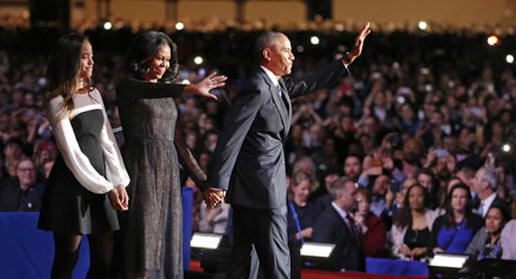 President Barack Obama waves as he is joined by First Lady Michelle Obama and daughter Malia Obama after giving his presidential farewell address at McCormick Place in Chicago, Tuesday, Jan. 10, 2017. (Photo: AP)