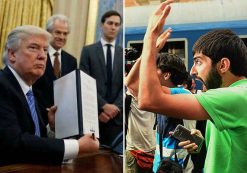 President Donald J. Trump, left, shows his signature on an executive order in the Oval Office in Washington, and, a Syrian refugee, right, yells at a Hungarian border guard.