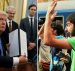 President Donald J. Trump, left, shows his signature on an executive order in the Oval Office in Washington, and, a Syrian refugee, right, yells at a Hungarian border guard.