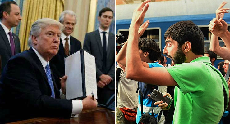 President Donald J. Trump, left, shows his signature on an executive order in the Oval Office in Washington, and, a Syrian refugee, right, yells at a Hungarian border guard.