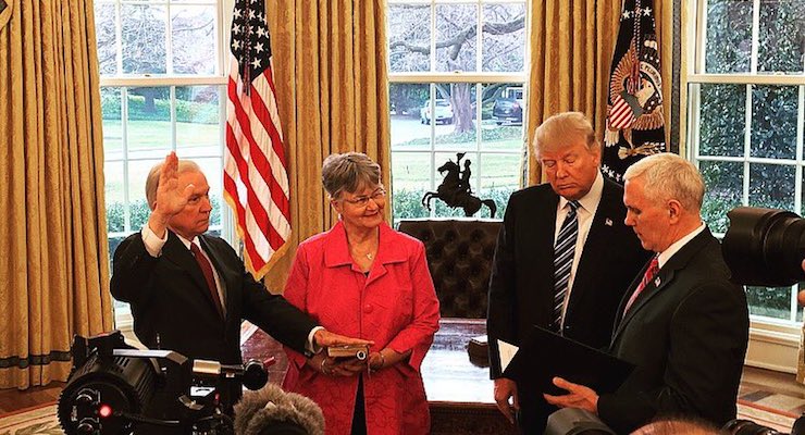 Vice President Mike Pence, right, swears in Jeff Sessions, left, as the next U.S. Attorney General under President Donald J. Trump, second from the right. (Photo: Courtesy of the White House)