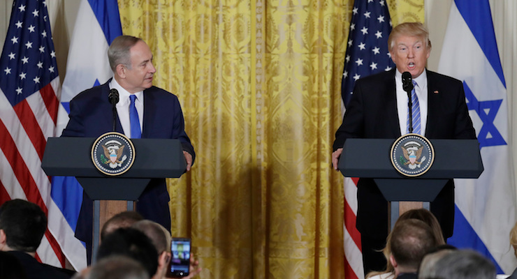 President Donald J. Trump and Israeli Prime Minister Benjamin Netanyahu hold in a joint news conference in the East Room of the White House on Wednesday Feb. 15, 2017.