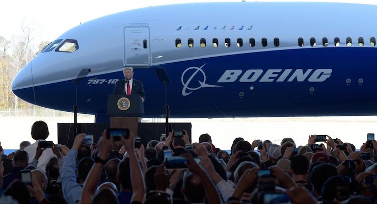 President Donald Trump delivers remarks at the Boeing plant in North Charleston, South Carolina.