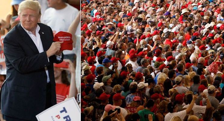 President Donald J. Trump, left, points to a supporter's "Make America Great Again" and, right, a crowd of supporters in Florida cheer.