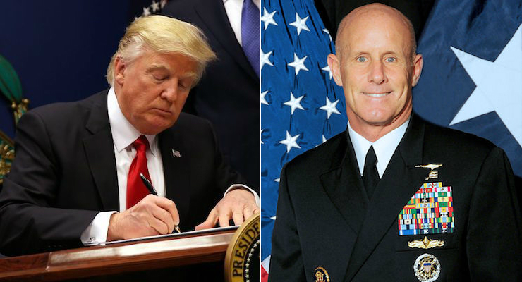 President Donald J. Trump, left, signs an executive order and, right, Vice Admiral Robert S. Harward.