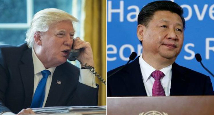President Donald J. Trump speaks on the phone at the White House, left, while Chinese President Xi Jinping, right, addresses guests at the United Nations Geneva headquarters. (Photos: Reuters)