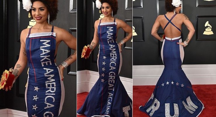 Joy Villa wears a gown that says "Make America Great Again" at the 59th annual Grammy Awards at the Staples Center on Sunday, Feb. 12, 2017, in Los Angeles. (AP)