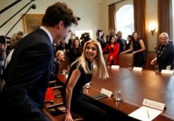 Canadian Prime Minister Justice Trudeau, left, Ivanka Trump, to his right, and President Donald J. Trump, right to back of room, greet before a roundtable discussion on women business leaders.