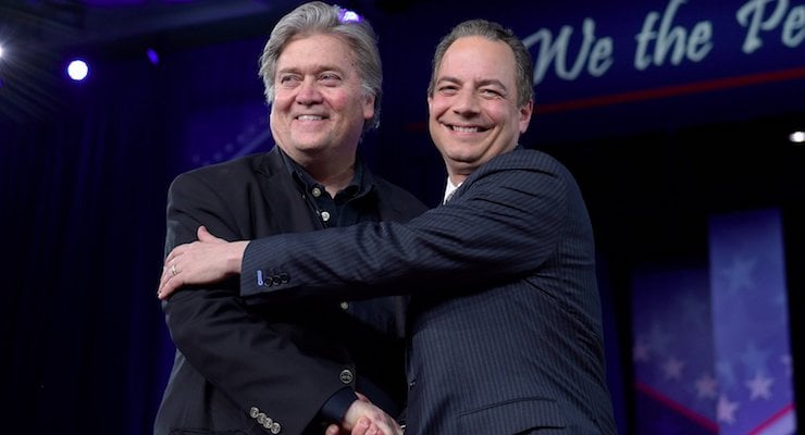 White House Chief of Staff Reince, left, and Senior Counselor Steve Bannon, right, make a joint appearance at the Conservative Political Action Conference in Maryland on Feb. 23, 2017.