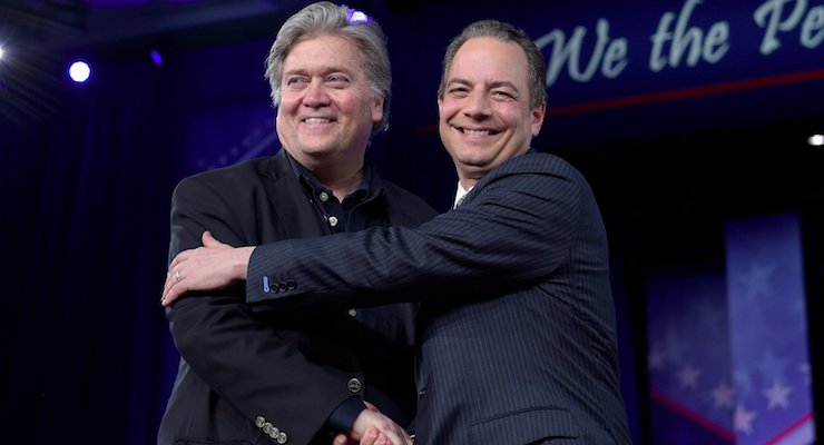 White House Chief of Staff Reince, left, and Senior Counselor Steve Bannon, right, make a joint appearance at the Conservative Political Action Conference in Maryland on Feb. 23, 2017.