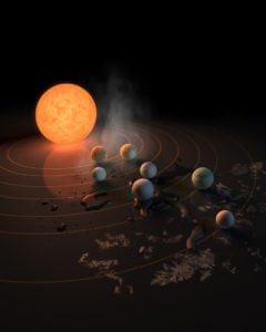 The TRAPPIST-1 star, an ultra-cool dwarf, has seven Earth-size planets orbiting it. This artist's concept appeared on the cover of the journal Nature on Feb. 23, 2017. Credits: NASA/JPL-Caltech