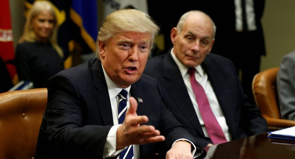 Homeland Security Secretary John Kelly, right, listens to U.S. President Donald Trump during a meeting with cyber security experts in the Roosevelt Room of the White House in Washington January 31, 2017. (Photo: Reuters)