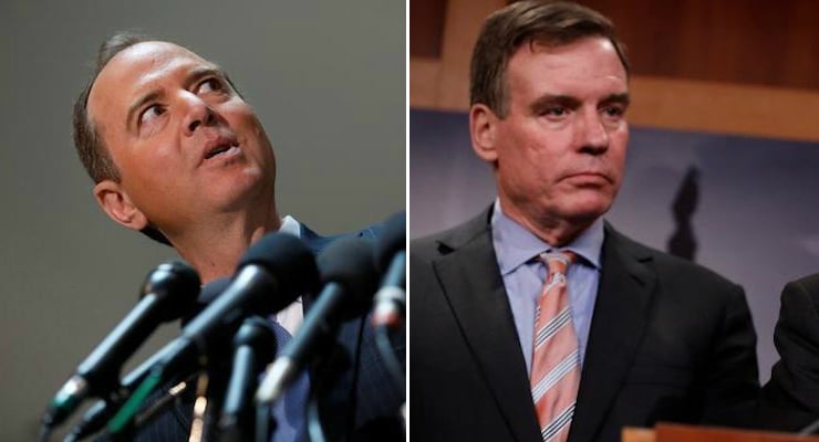Ranking Member Rep. Adam Schiff, D-Calif., of the House Intelligence Committee, left, and Sen. Mark Warner, Ranking Member on the Senate Intelligence Committee, right, hold press conferences. (Photos: AP/Reuters)