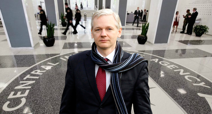 WikiLeaks founder Julian Assange over the lobby of the CIA Headquarters Building in McLean, Virginia, August 14, 2008. (Background Photo: REUTERS)