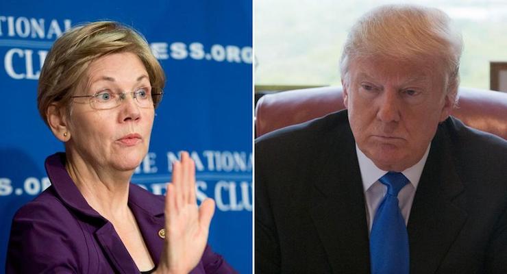 Senator Elizabeth Warren, D-Mass., left, and Donald J. Trump, right. (Photos: AP)