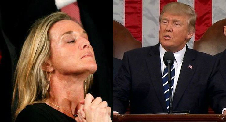 Carryn Owens, left, the widow of U.S. Navy SEAL William “Ryan” Owens who died during a raid in Yemen, was recognized by President Donald J. Trump, right, during his address to a joint session of Congress on Capitol Hill in Washington D.C. on Tuesday, Feb. 28, 2017.