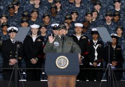 President Donald J. Trump speaks with Sailors in the hangar bay aboard Pre-Commissioning Unit Gerald R. Ford (CVN 78) on March 2, 2017. The president ,et with Sailors and shipbuilders of the Navy's first-in-class aircraft carrier during an all-hands call inside the ship's hangar bay. (Photo: Courtesy of U.S. Navy/Released)
