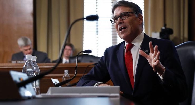 Energy Secretary-designate, former Texas Gov. Rick Perry, testifies on Capitol Hill in Washington, Jan. 19, 2017, at his confirmation hearing before the Senate Energy and Natural Resources Committee. (Photo: AP)