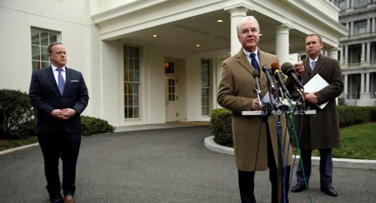 U.S. Secretary of Health and Human Services (HHS) Tom Price (2nd R), Office of Management and Budget (OMB) Director Mick Mulvaney (R) and White House Press Secretary Sean Spicer (L) speak to reporters after the Congressional Budget Office (CBO) released its score. (Photo: Reuters)