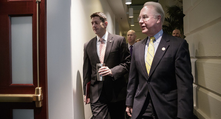 House Speaker Paul Ryan, R-Wis., arrives with Health and Humans Services Secretary Tom Price, R-Ga., for a closed-door GOP strategy session, on Capitol Hill in Washington D.C. on Tuesday. (Photo: AP/Associated Press)