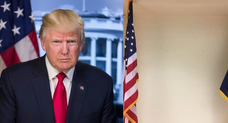 The official portrait of President Donald J. Trump, left, and, right, an empty space on the wall where the portrait is supposed to hang in the Malcolm Randall VA Medical Facility in Gainesville, Florida. (Photos: L- Portrait Courtesy of the White House, R- People's Pundit Daily)